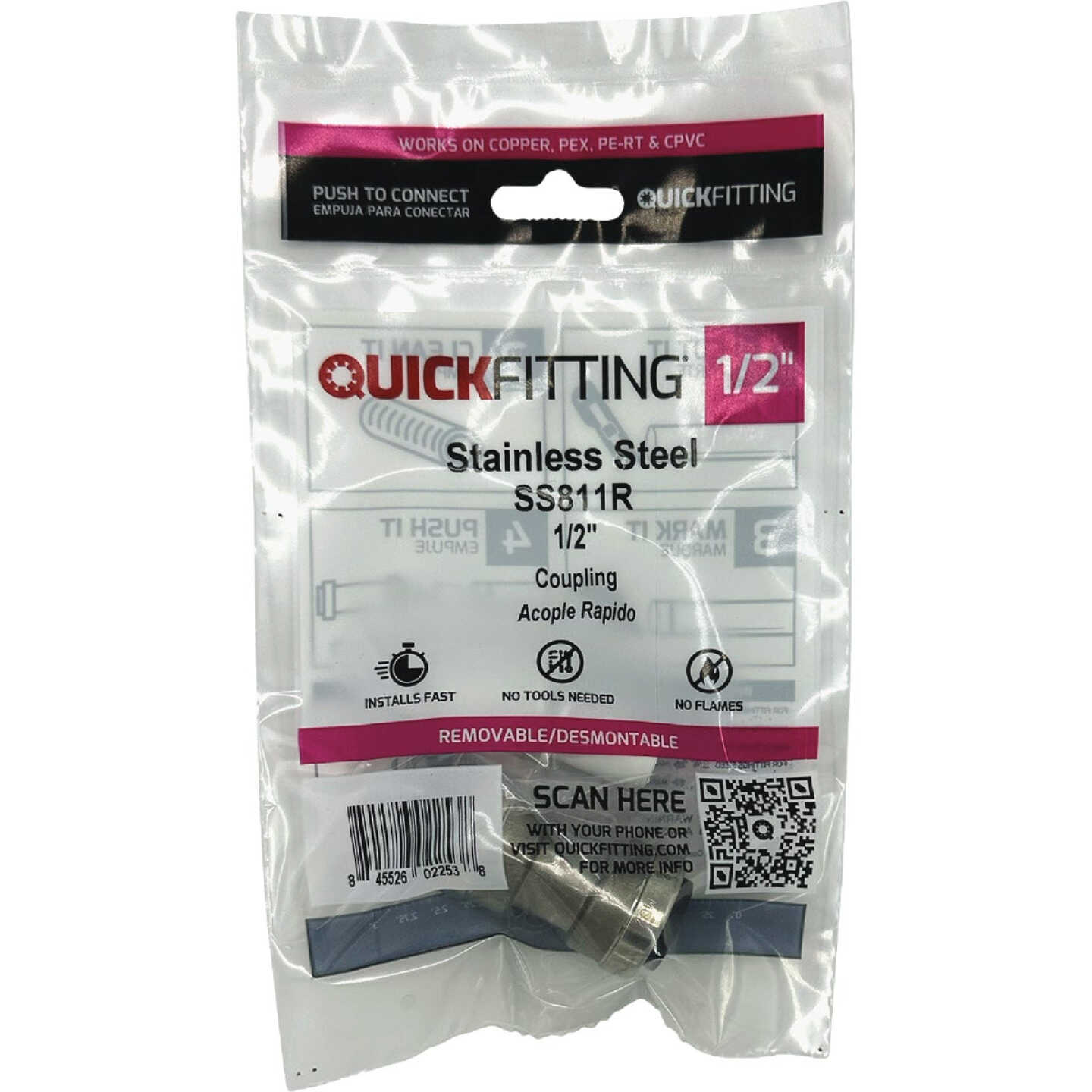 QuickFitting 1/2 In. Push-to-Connect Stainless Steel Straight Coupling Image 2