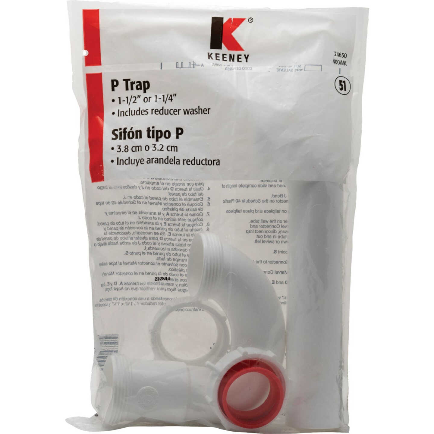 Keeney 1-1/2 In. to 1-1/4 In. White Plastic P-Trap with Reducer Washer Image 3