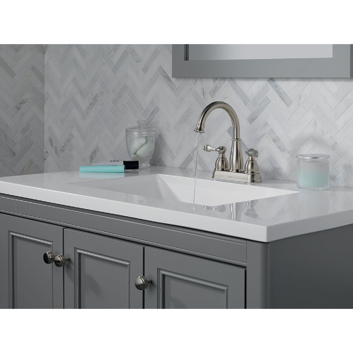 Delta Windmere Brushed Nickel 2-Handle Lever 4 In. Centerset Bathroom Faucet and Push Pop-Up with Overflow Image 2