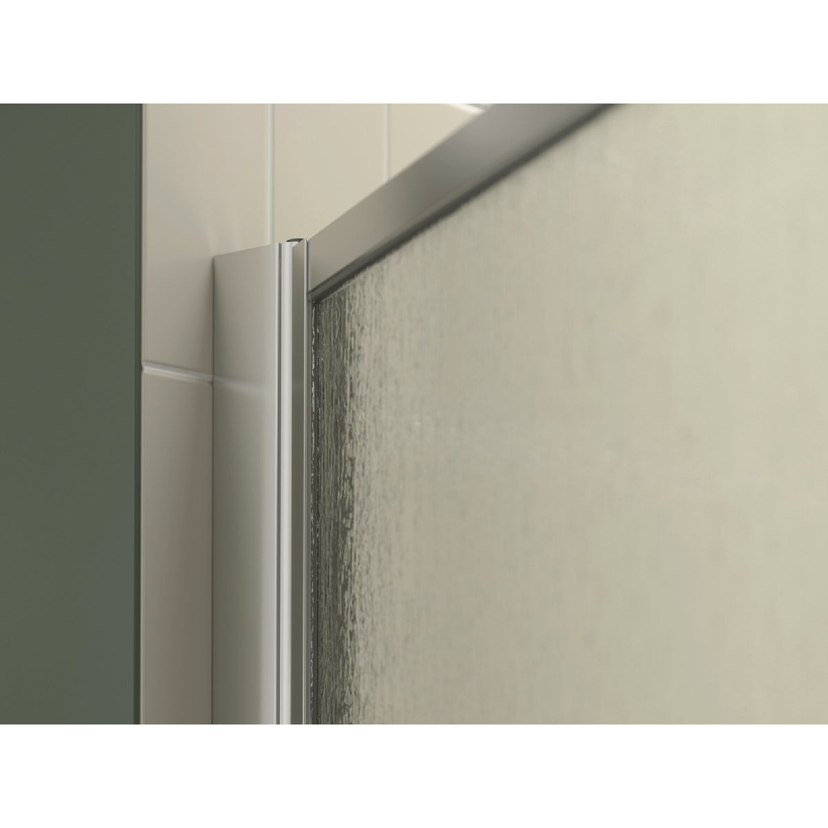 Sterling 32-3/4 In. - 34-1/4 In. W x 65 In. H Silver Standard Rain Textured Glass Pivot Shower Door Image 2