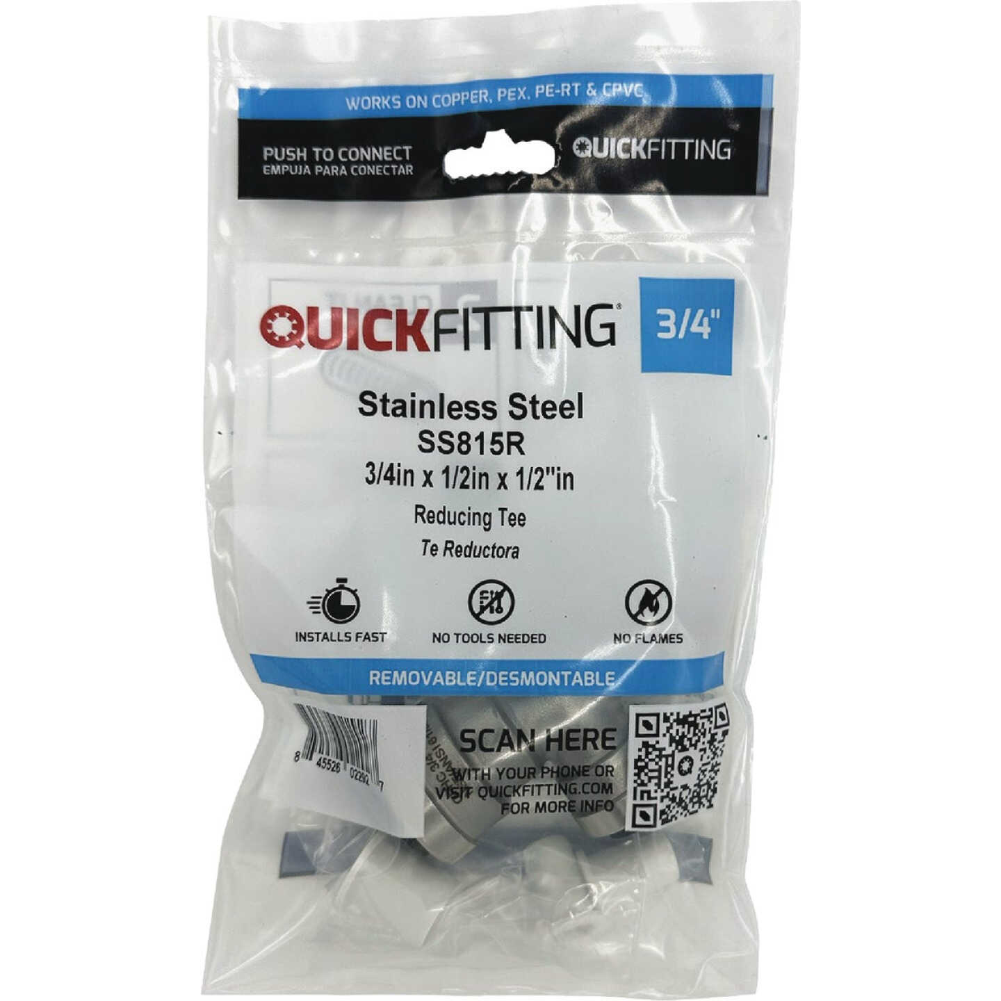 QuickFitting 3/4 In. x 1/2 In. x 1/2 In. Push-to-Connect Stainless Steel Reducing Tee Image 3