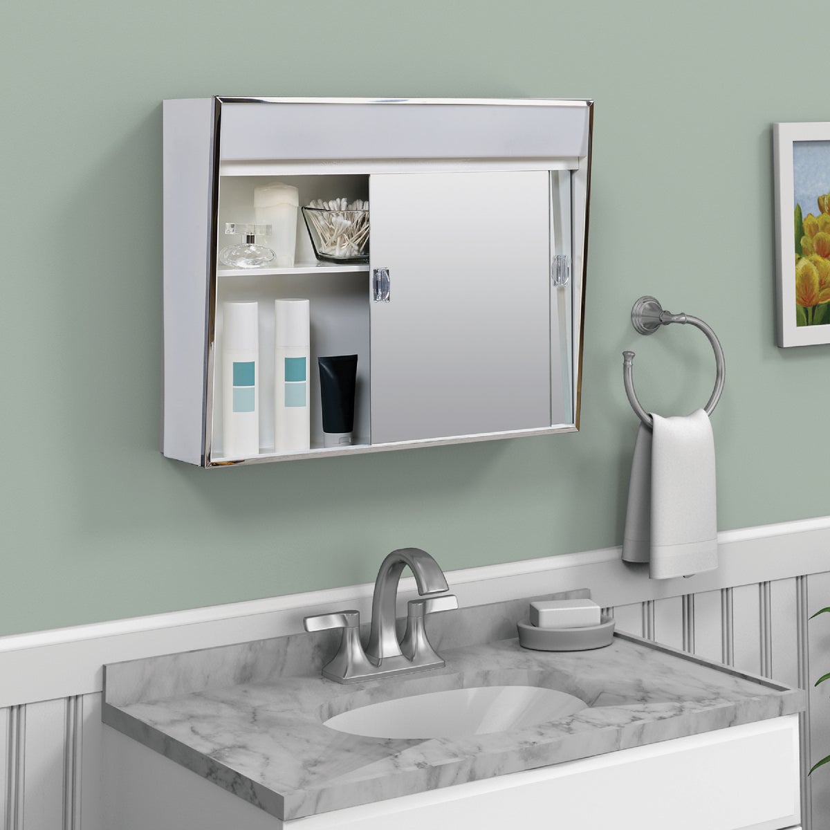 Zenith Stainless Steel 23.5 In. W x 18.25 In. H x 5.63 In. D Bi-View Surface Mount Lighted Medicine Cabinet Image 2