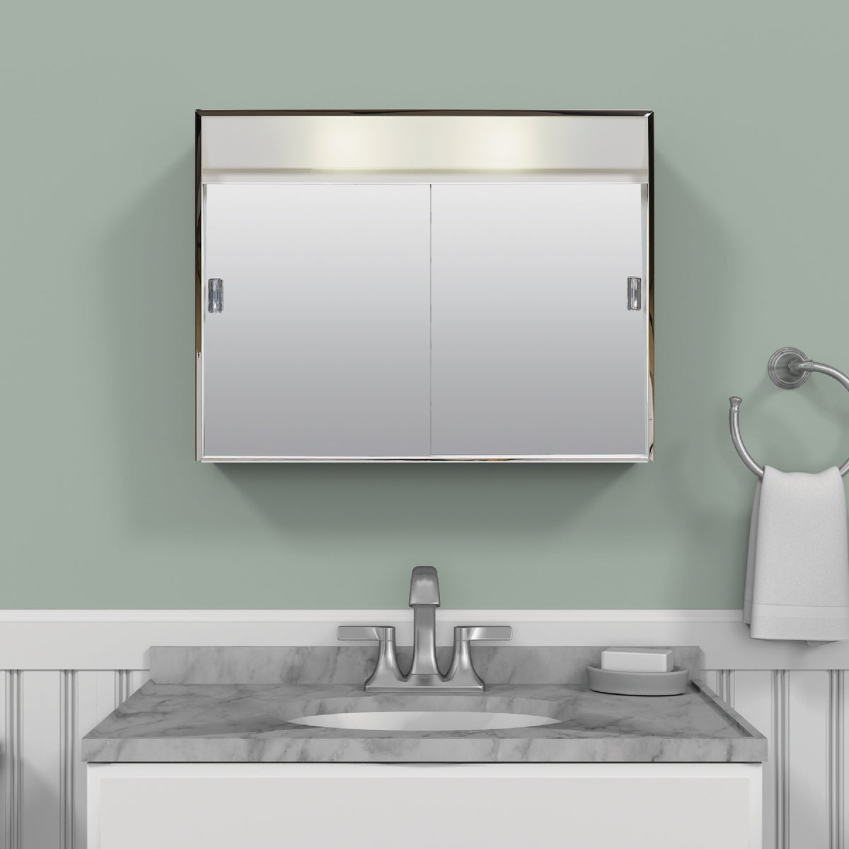 Zenith Stainless Steel 23.5 In. W x 18.25 In. H x 5.63 In. D Bi-View Surface Mount Lighted Medicine Cabinet Image 3