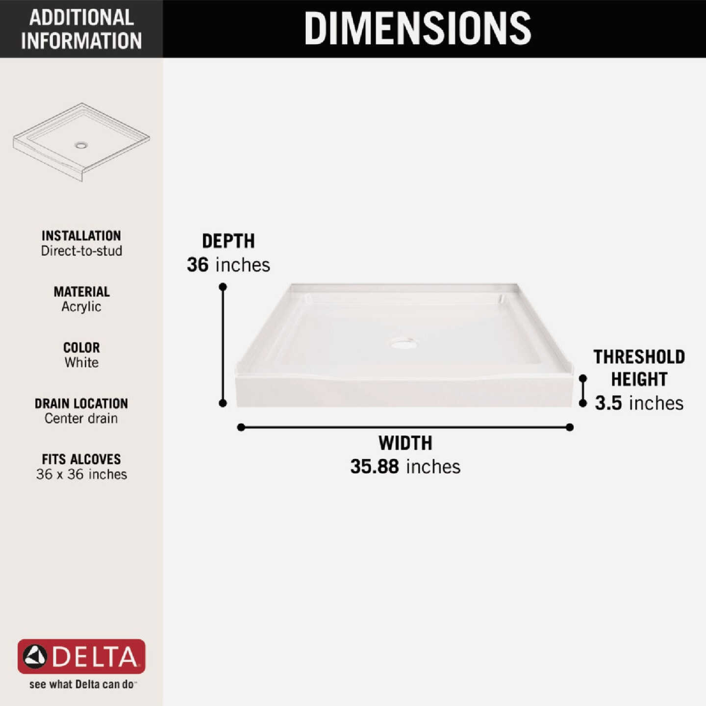 Delta Classic 500 36 In. x 36 In. Center Drain Shower Pan, White Image 2