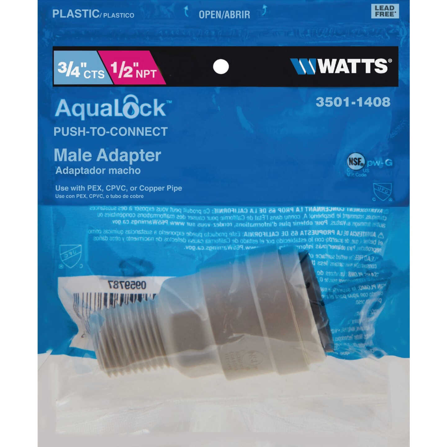 Watts Aqualock 3/4 In. CTS x 1/2 In. MPT Push-to-Connect Plastic Adapter Image 2