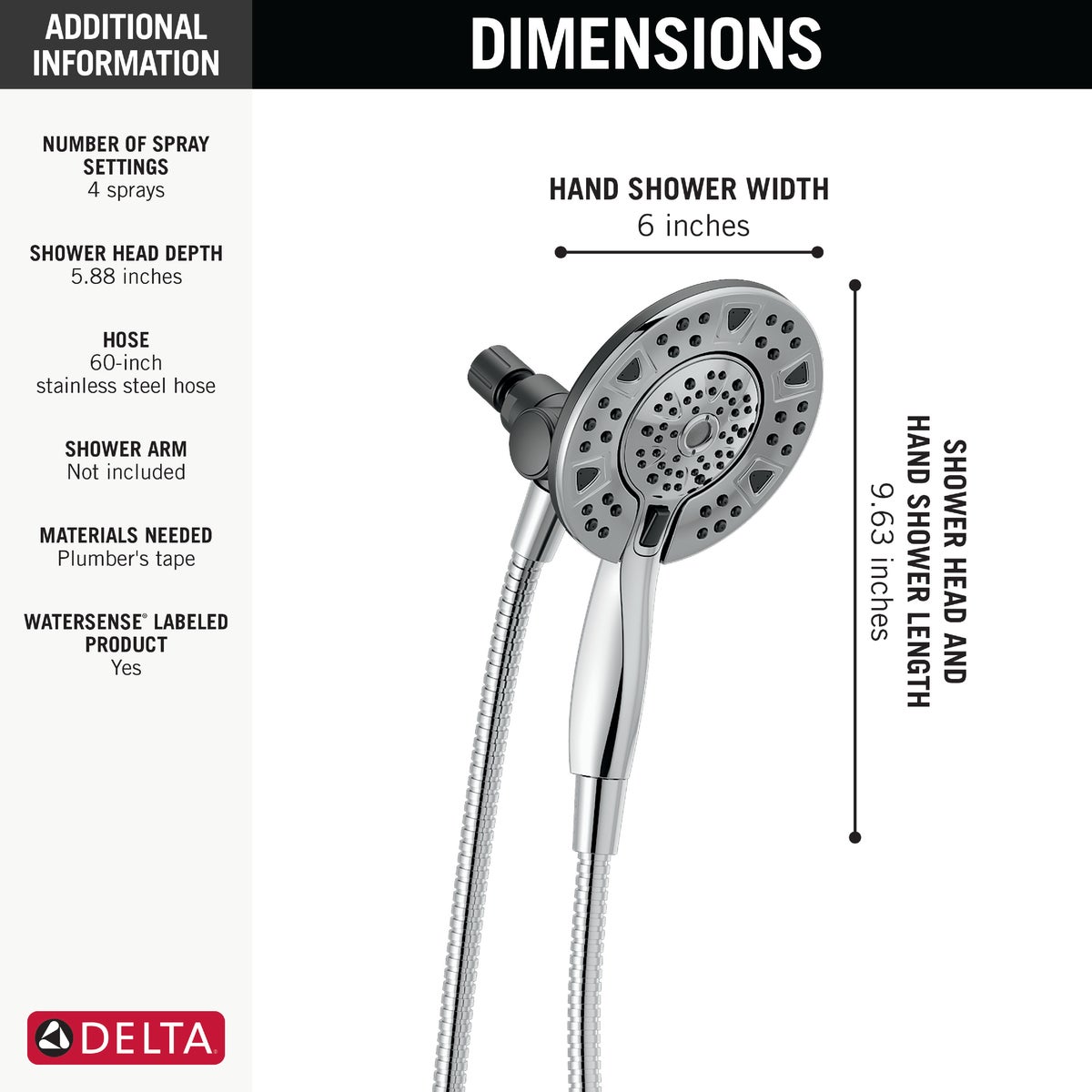 Delta In2ition 4-Spray 1.75GPM Two-In-One Shower Head, Chrome Image 6