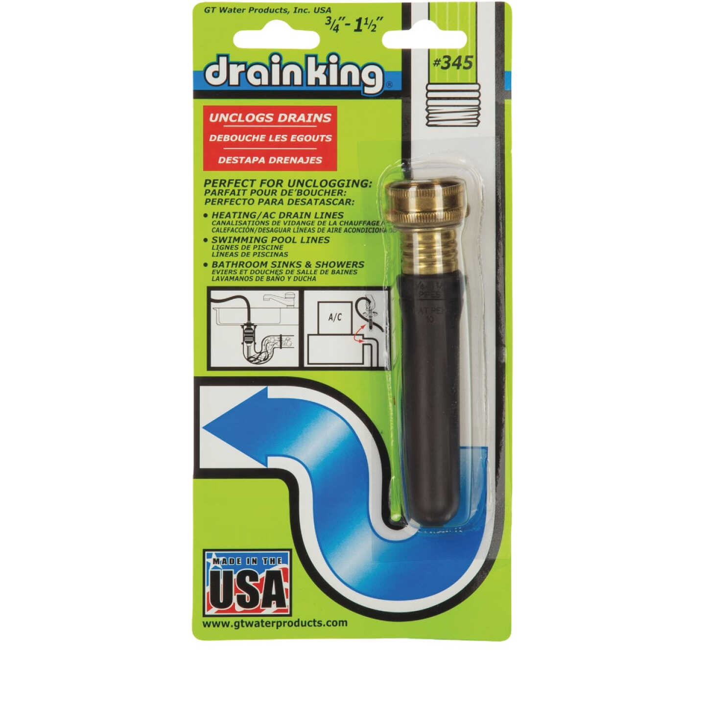 G. T. Water Drain King 3/4" to 1-1/2" Water-Pressure Drain Opener Image 1