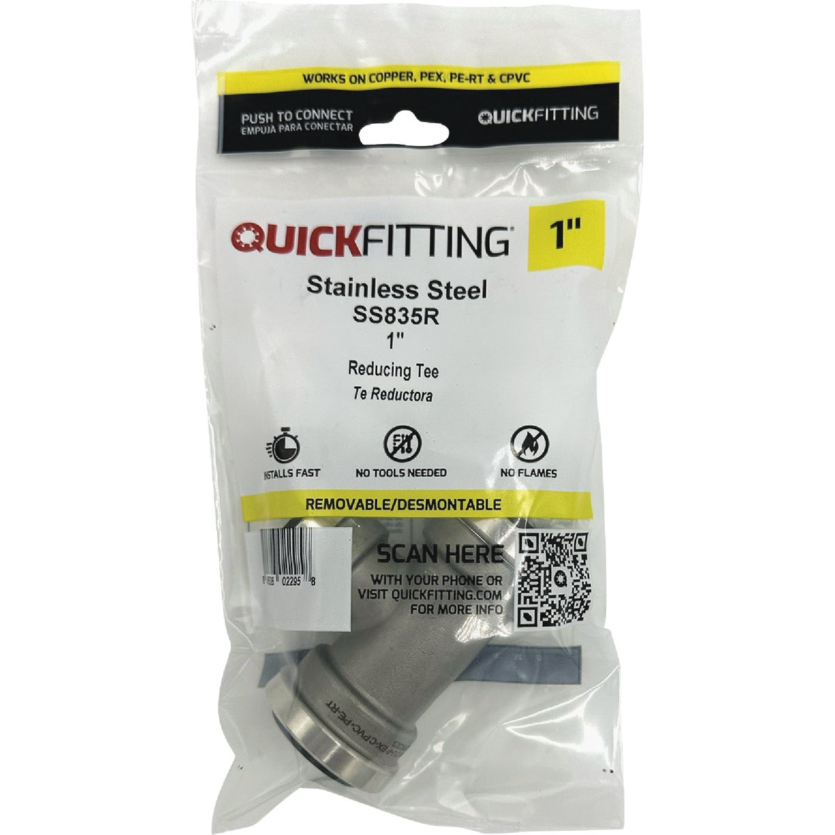 QuickFitting 1 In. x 1 In. x 3/4 In. Push-to-Connect Stainless Steel Reducing Tee Image 3