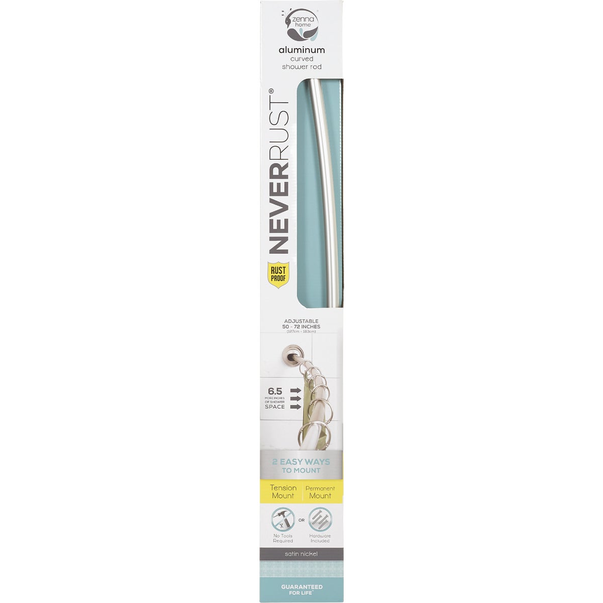Zenith Zenna Home NeverRust 50 In. to 72 In. Adjustable Fixed or Tension Curved Shower Rod in Satin Nickel Image 3