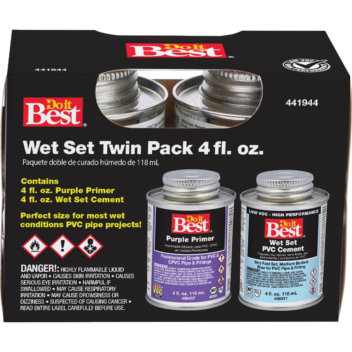 Do it Best Wet Set Purple Primer and PVC Cement Kit, (2) 4 Oz. Cans