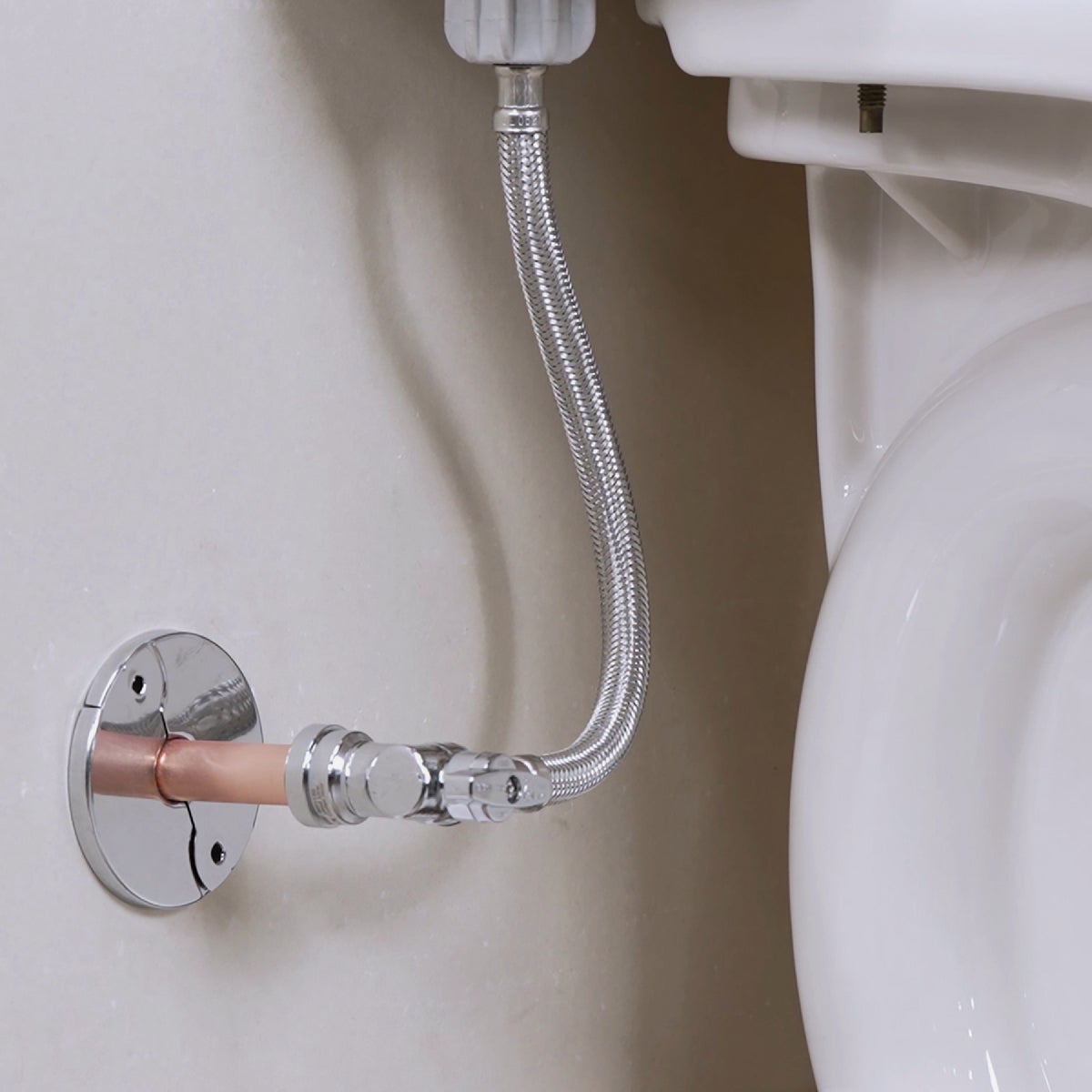 QuickFitting 1/2 In. Push-to-Connect Angle Stop Valve x 7/8 In. Ballcock x 12 In. Braided Stainless Steel Toilet Connector Hose Image 2