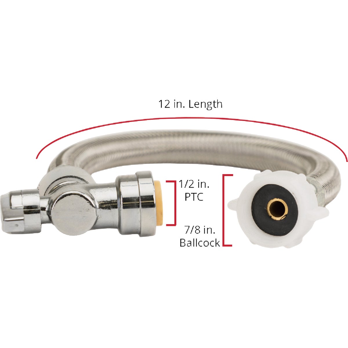 QuickFitting 1/2 In. Push-to-Connect Angle Stop Valve x 7/8 In. Ballcock x 12 In. Braided Stainless Steel Toilet Connector Hose Image 6