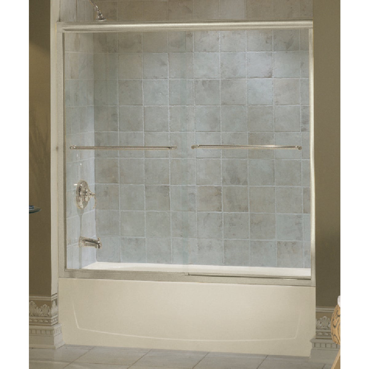Sterling Finesse 59-5/8 In. W X 55-3/4 In. H Nickel Semi-Frameless Clear Glass Sliding Tub Door