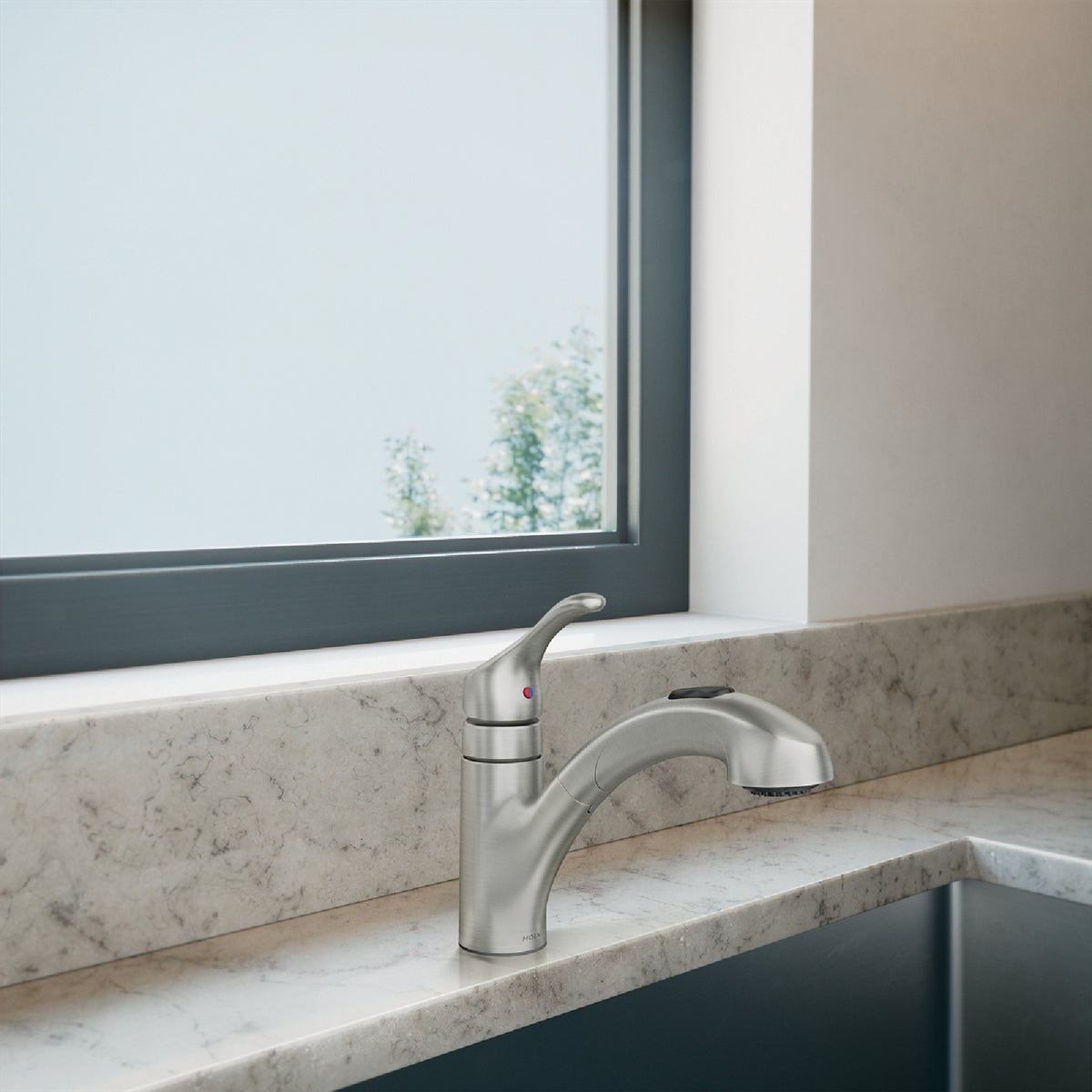 Moen Renzo 1-Handle Lever Pull-Out Kitchen Faucet, Stainless Steel Image 2