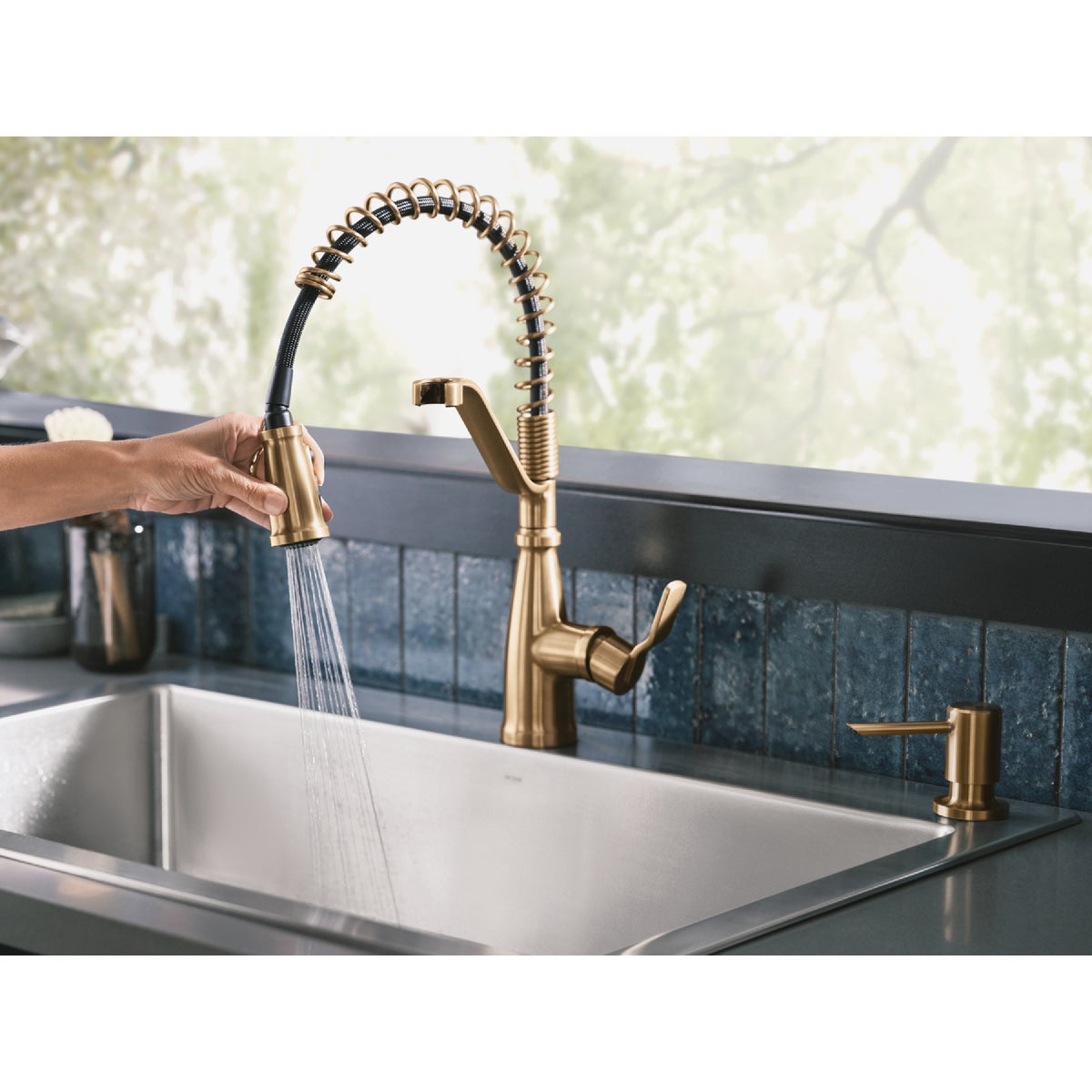 Moen Nolia 1-Handle Pull-Down Widespread Kitchen Faucet, Bronzed Gold Image 2