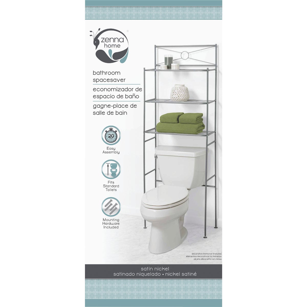 Zenith Zenna Home Spacesaver Satin Nickel Over-the-Toilet Shelf Cabinet, 3 Shelf Image 3