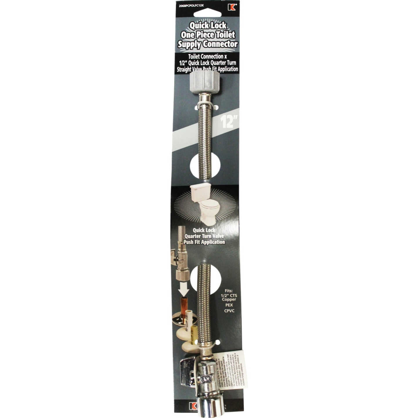 Keeney 5/8 In. x 12 In. Stainless Steel Quick Lock Toilet Supply Tube with Straight Quarter Turn Valve Image 2
