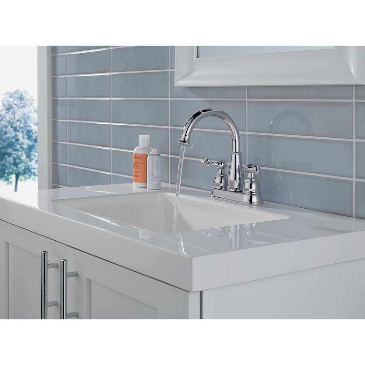 Delta Windmere Chrome 2-Handle Lever 4 In. Centerset Bathroom Faucet and Push Pop-Up with Overflow Image 2