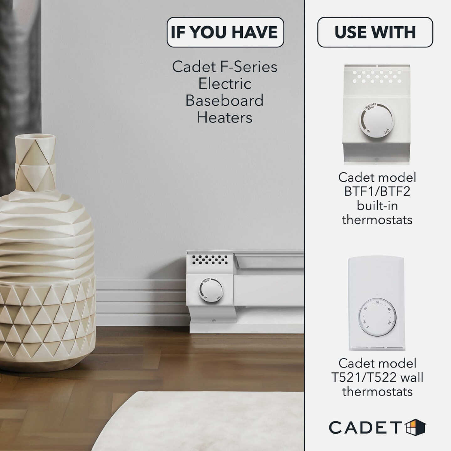 Cadet BTF Built-In Double Pole Thermostat for Electric Baseboard Heaters, White Image 2
