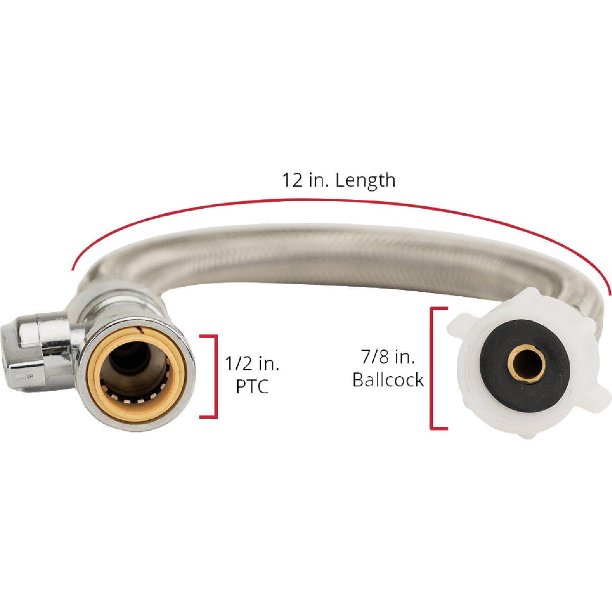 QuickFitting 1/2 In. Push-to-Connect Straight Stop Valve x 7/8 In. Ballcock x 12 In. Braided Stainless Steel Toilet Connector Hose Image 5