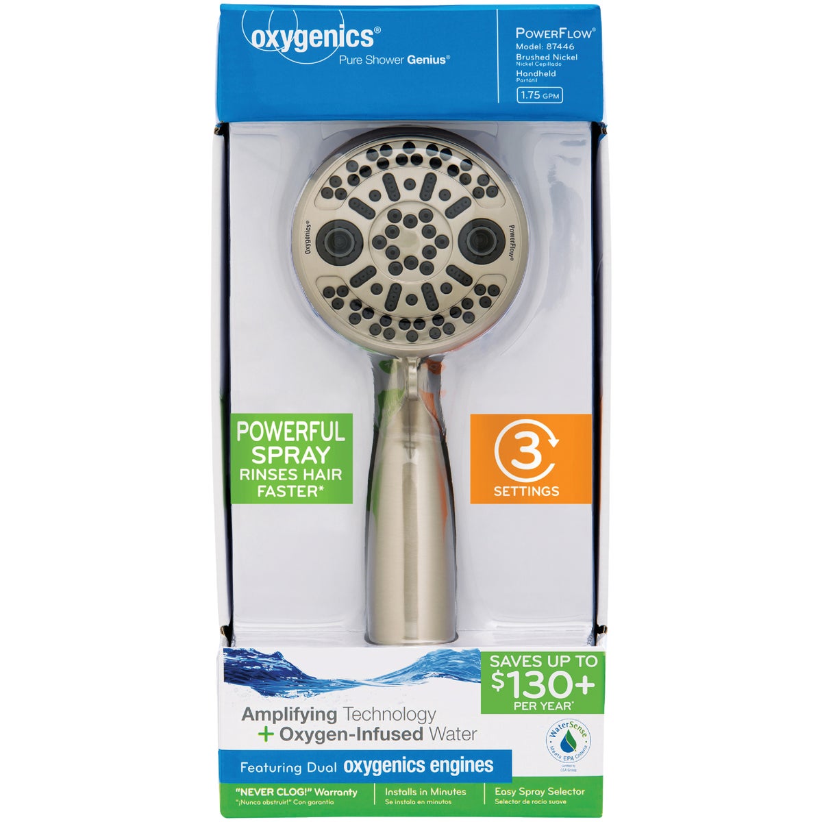 Oxygenics PowerFlow 3-Spray 1.75 GPM Handheld Shower Head, Brushed Nickel Image 2
