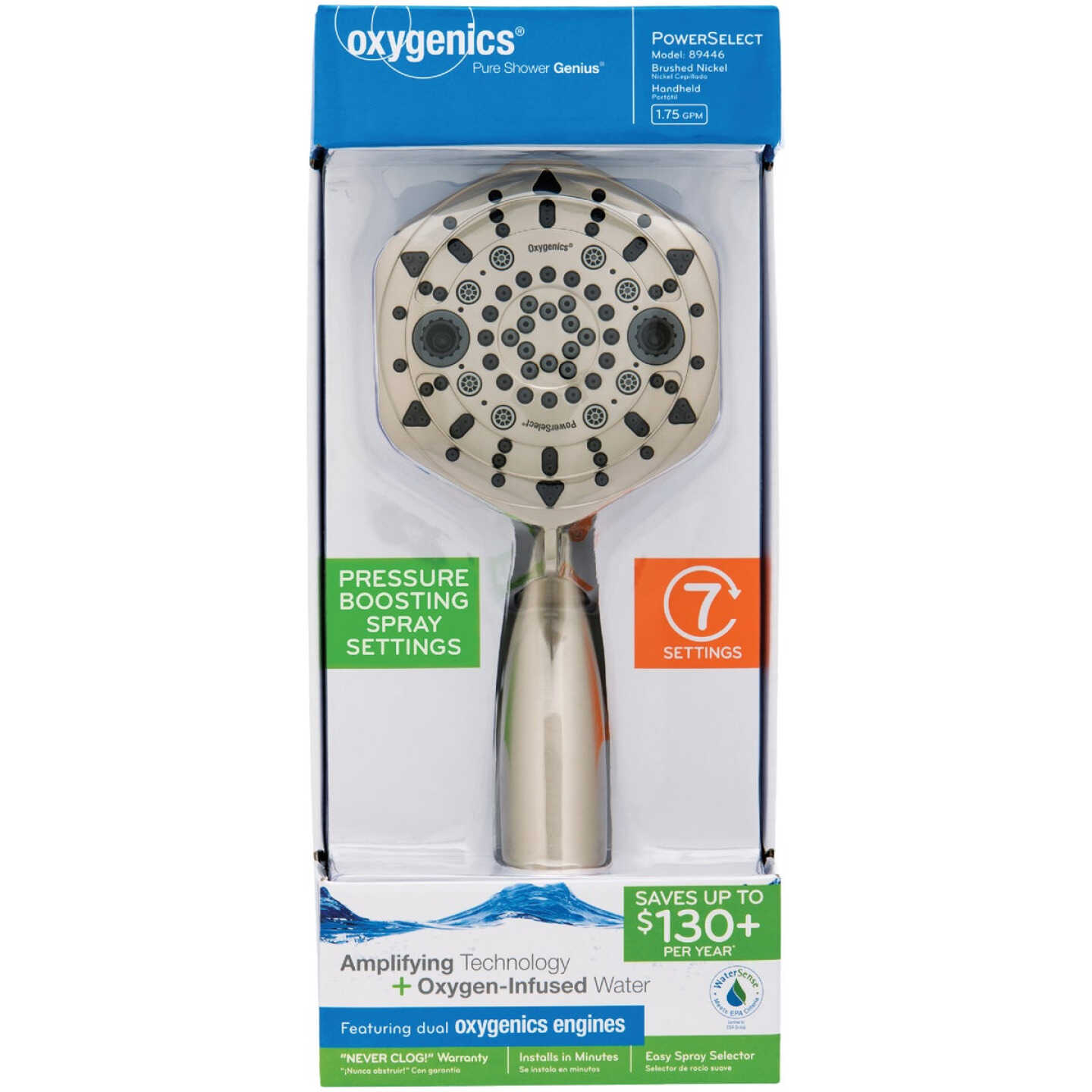 Oxygenics PowerSelect 7-Spray 1.75 GPM Handheld Shower Head, Brushed Nickel Image 2