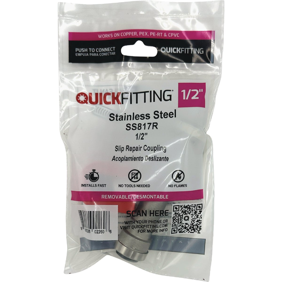 QuickFitting 1/2 In. Push-to-Connect Stainless Steel Slip Repair Coupling Image 3