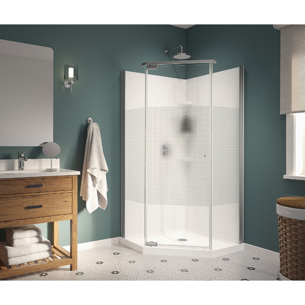 Maax Begonia Carbon 36 In. L x 36 In. D x 72 In. H Polystyrene Center Drain Shower Kit in White with Carbon Glass in Chrome Image 2