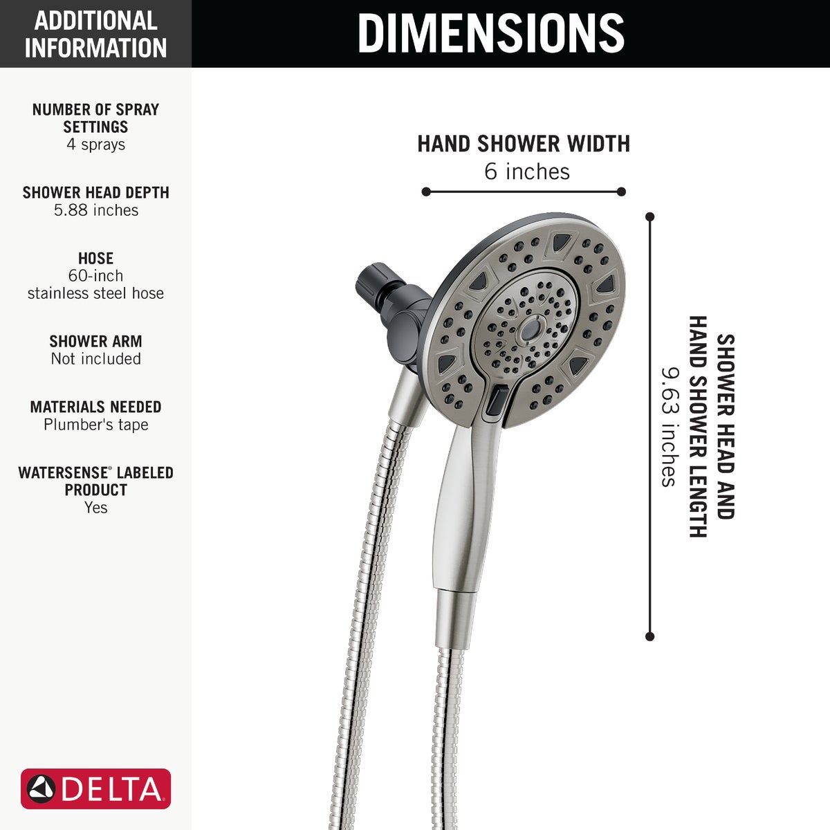 Delta In2ition 4-Spray 1.75GPM Two-In-One Shower Head, Brushed Nickel Image 6