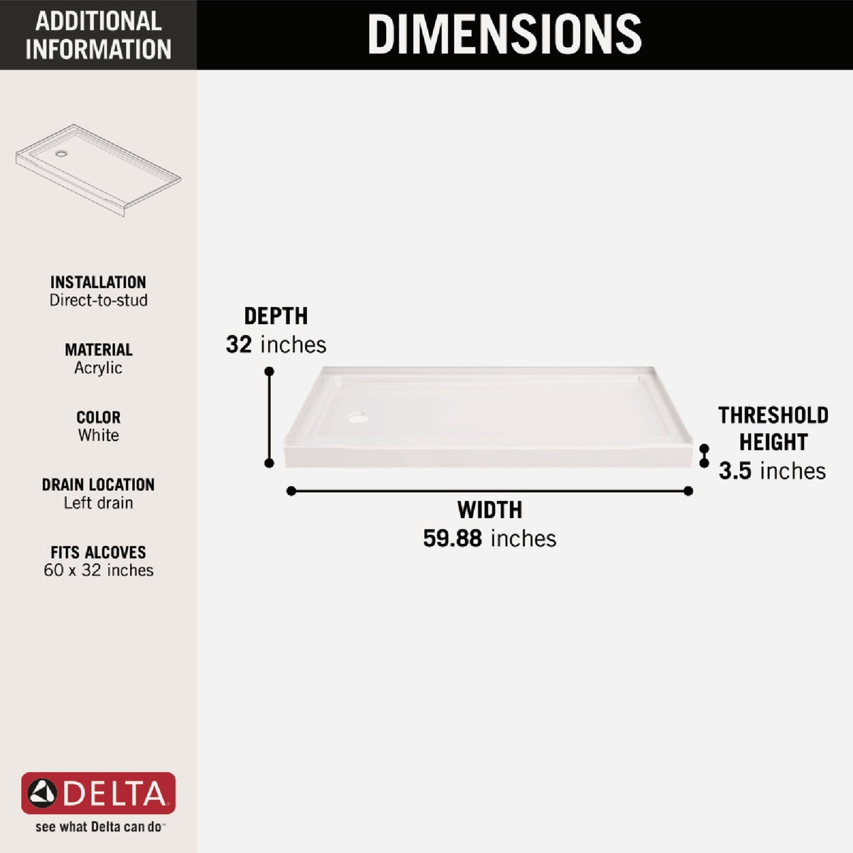 Delta Classic 500 60 In. x 32 In. Left Drain Shower Pan, White Image 2