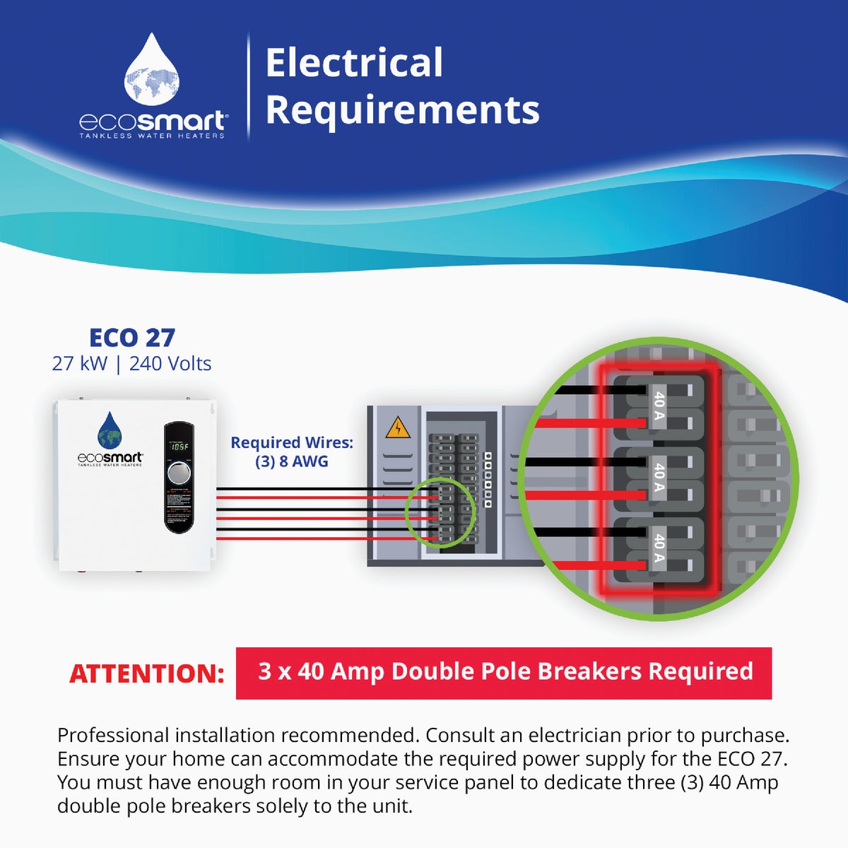 EcoSMART 240V Single Phase 27kW Tankless Electric Water Heater Image 5