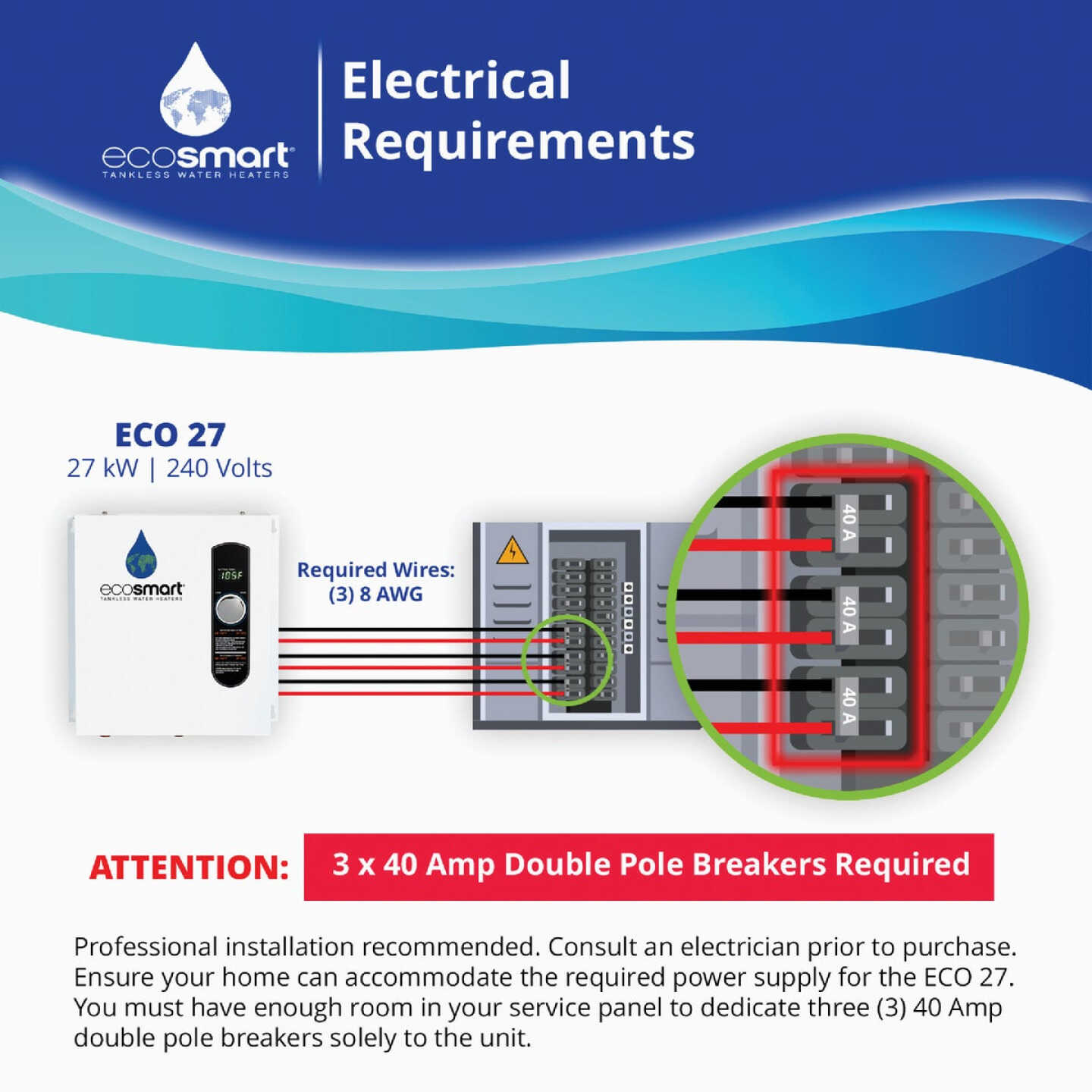 EcoSMART 240V Single Phase 27kW Tankless Electric Water Heater Image 5