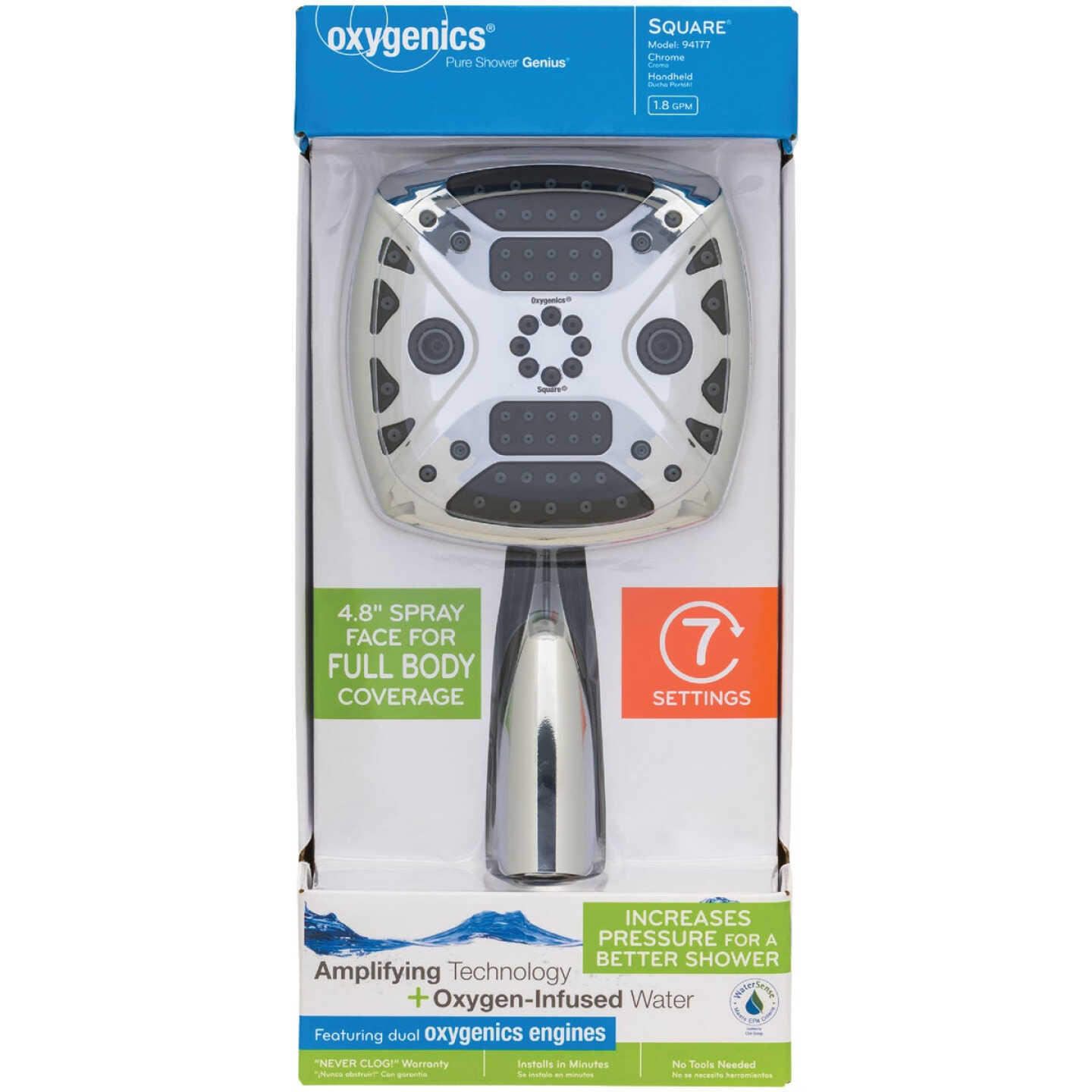 Oxygenics 7-Spray 1.8 GPM Square Handheld Shower Head, Chrome Image 2