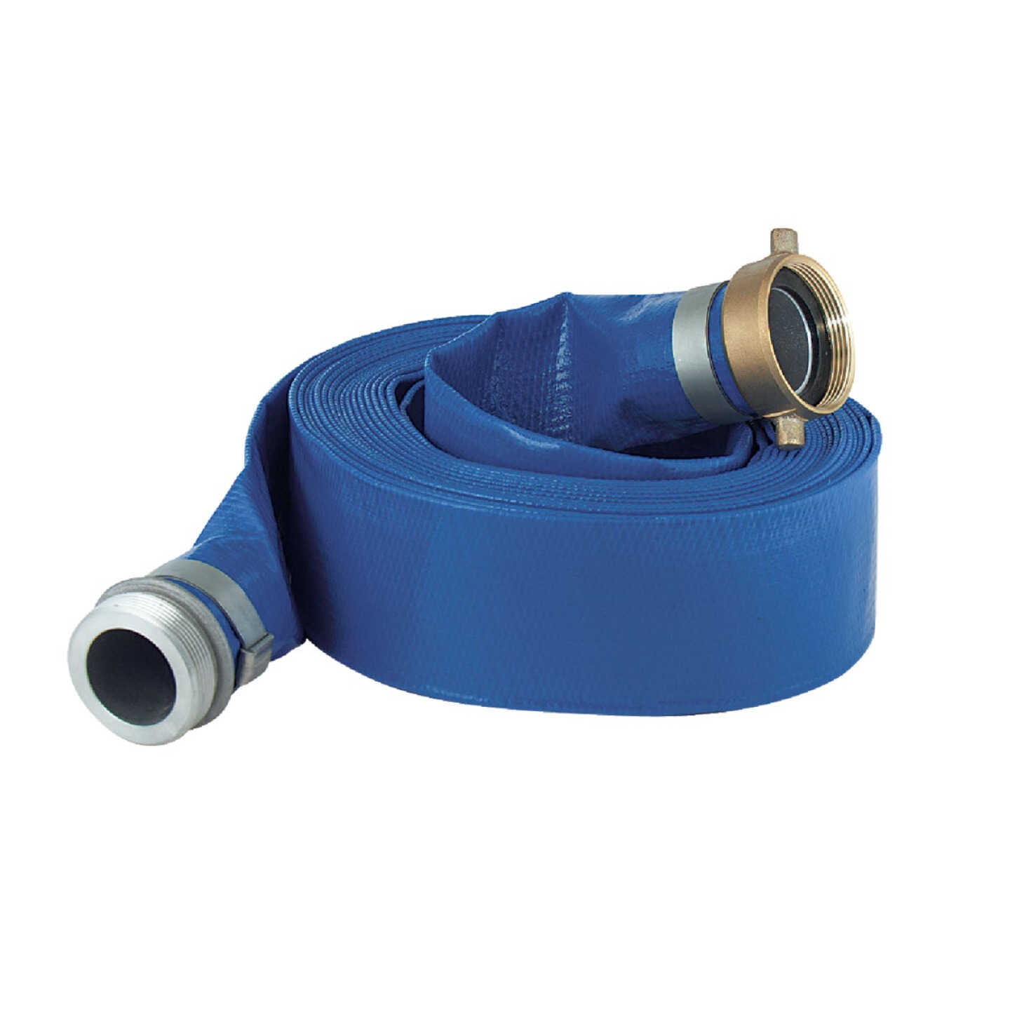 Apache 2 In. x 25 Ft. Blue Reinforced PVC Lay Flat Discharge Hose with Male/Female Connections Image 1