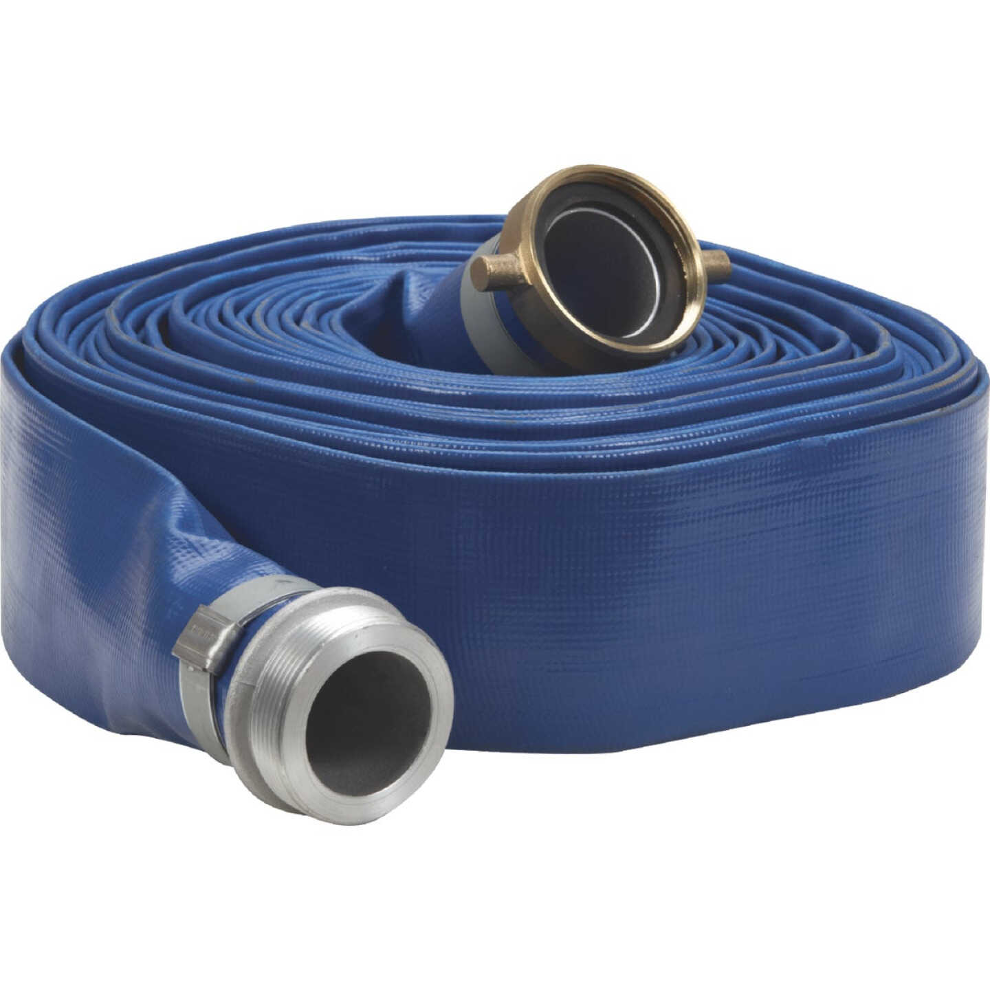 Apache 2 In. x 50 Ft. Blue Reinforced PVC Lay Flat Discharge Hose with Male/Female Connections Image 1