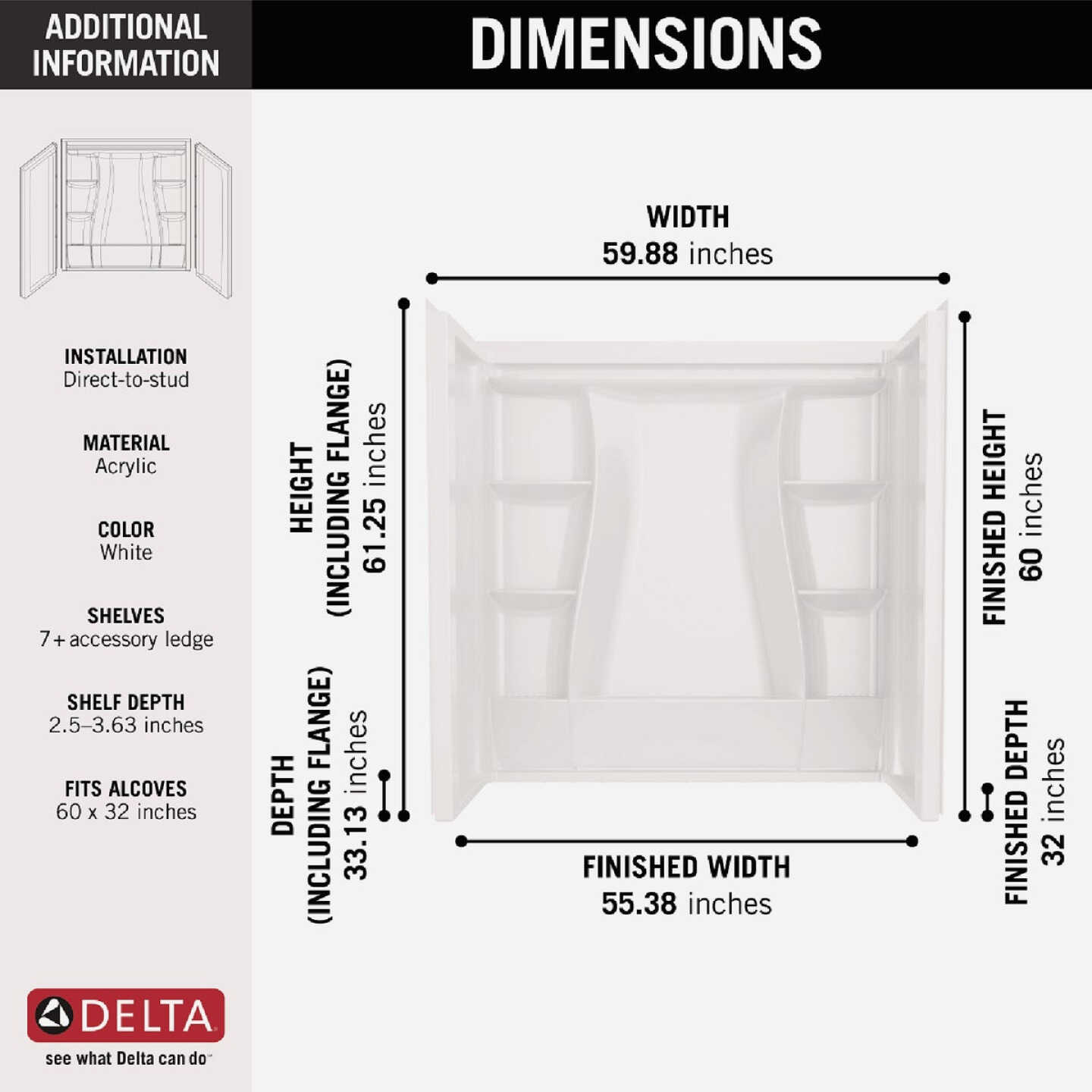 Delta Classic 500 60 In. L x 32 In. W x 61-1/4 In. H Alcove Tub Surround Kit, White (3-Piece) Image 3