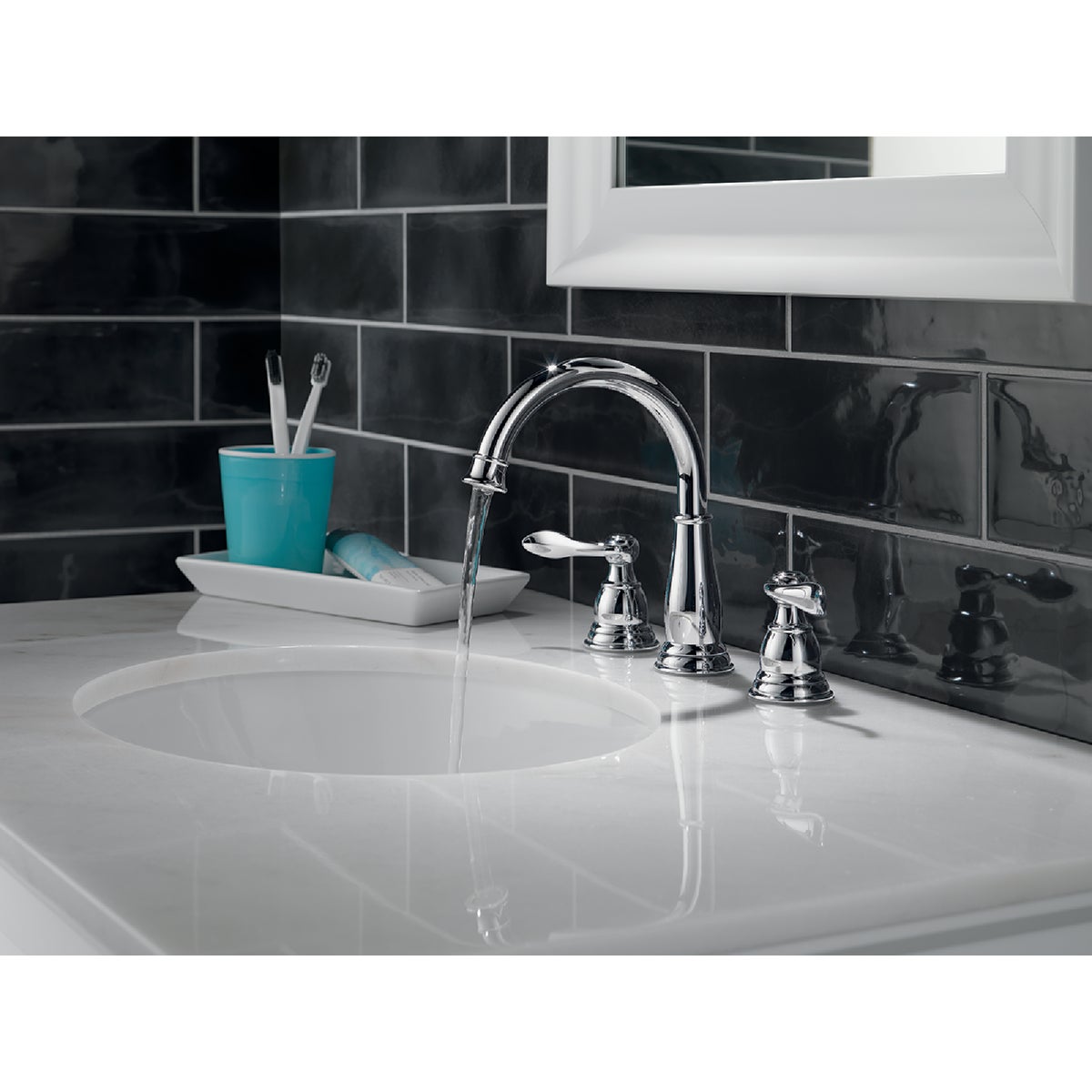 Delta Windmere Chrome 2-Handle Lever 6 In. to 16 In. Widespread Bathroom Faucet and Push Pop-Up with Overflow Image 2