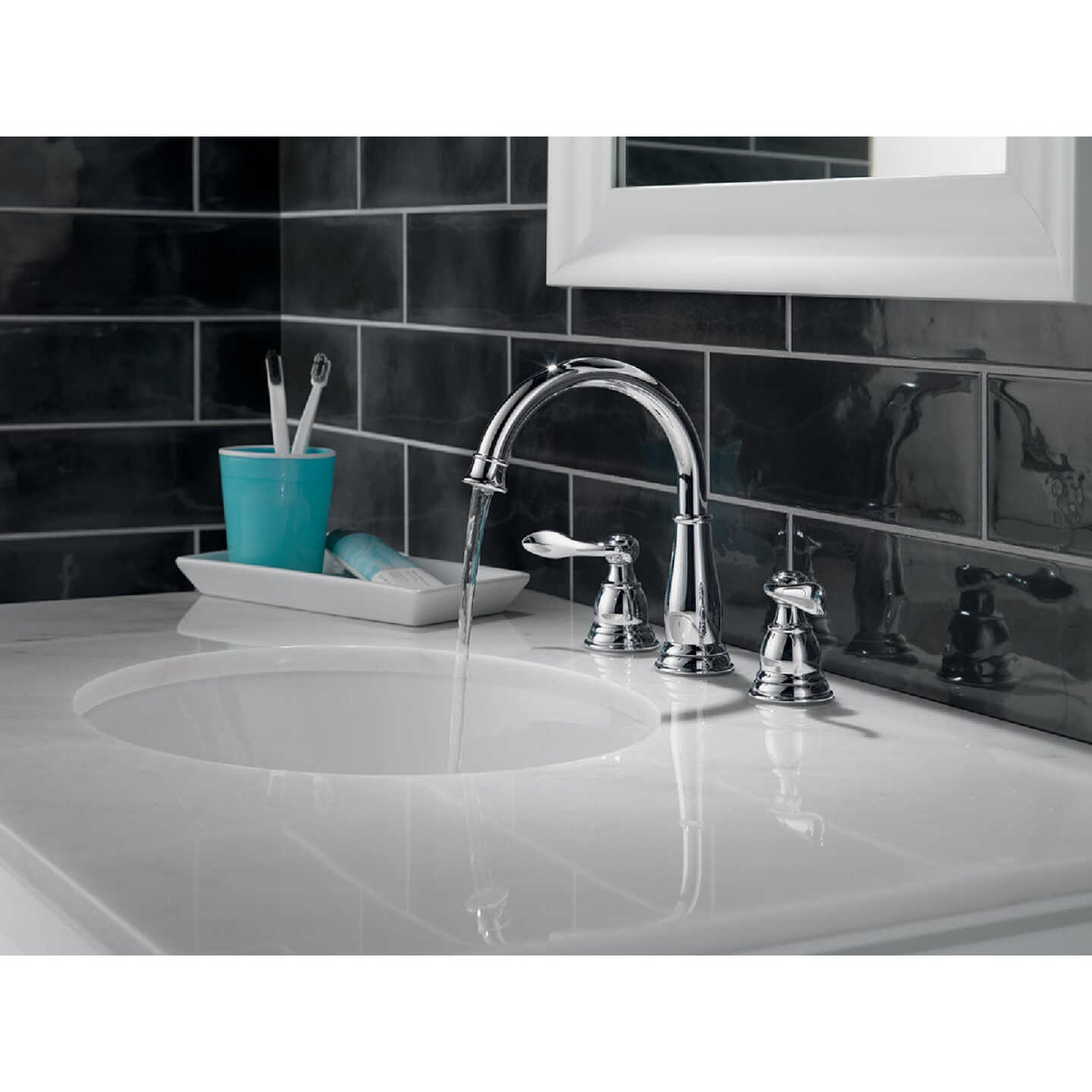 Delta Windmere Chrome 2-Handle Lever 6 In. to 16 In. Widespread Bathroom Faucet and Push Pop-Up with Overflow Image 2