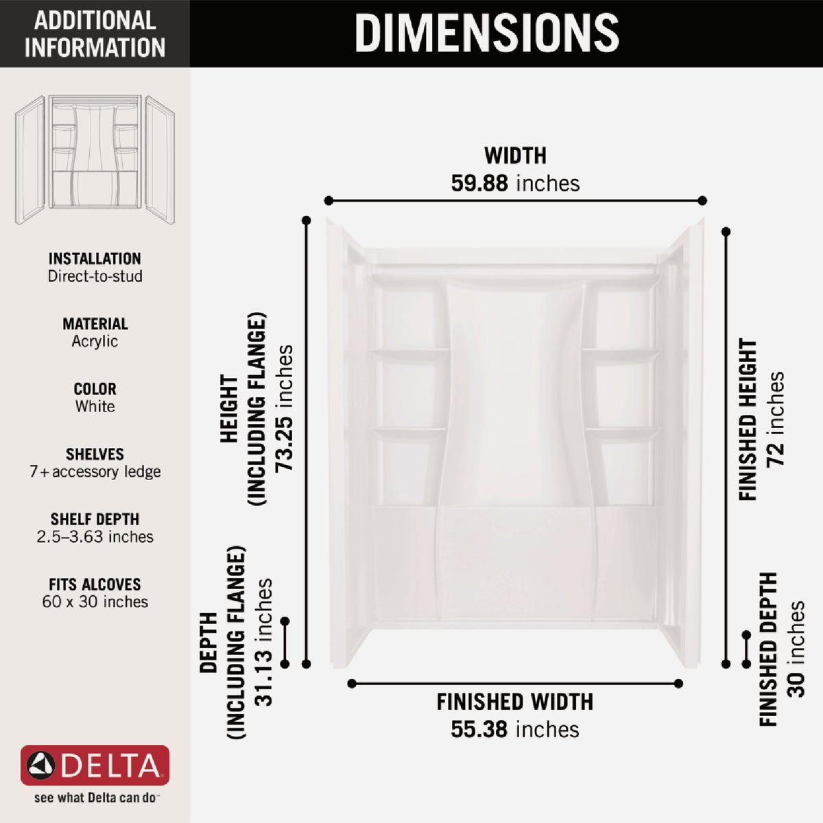 Delta Classic 500 60 In. x 73.25 In. x 30 In. Alcove Shower Wall Set, White (3-Piece) Image 2