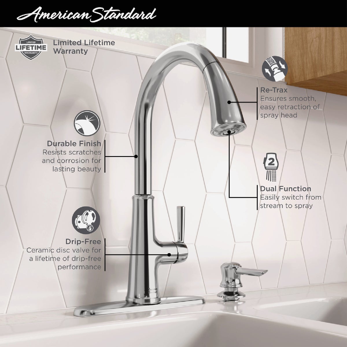 American Standard Maven 1-Handle Lever Pull-Down Kitchen Faucet with Soap Dispenser, Chrome Image 4