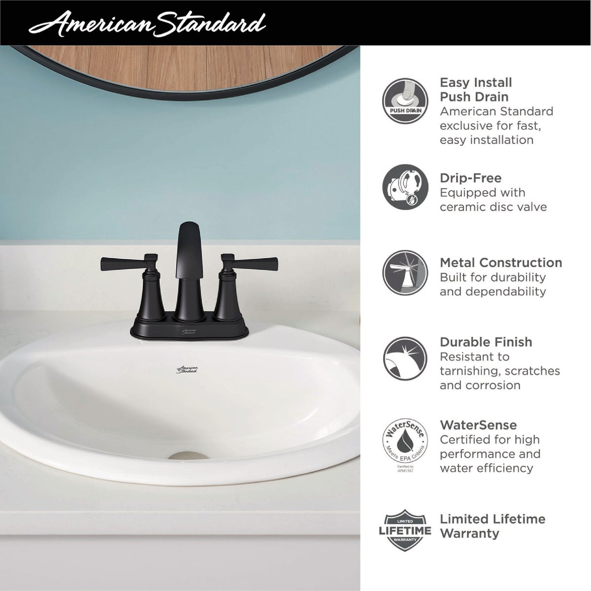 American Standard Glenmere Matte Black 2-Handle Lever 4 In. Centerset Bathroom Faucet with Pop-Up Image 3
