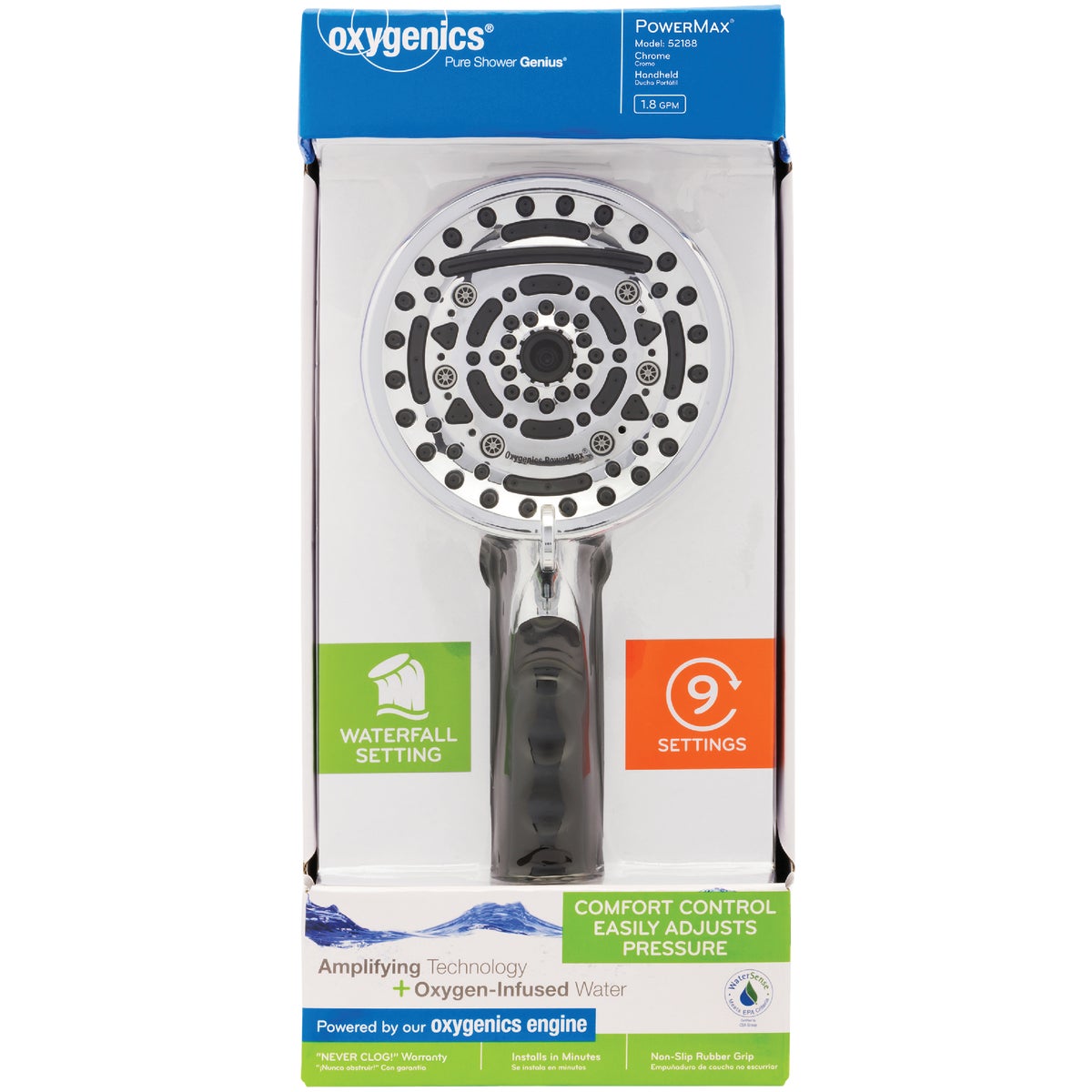 Oxygenics PowerMax 9-Spray 1.8 GPM Handheld Shower Head, Chrome Image 2