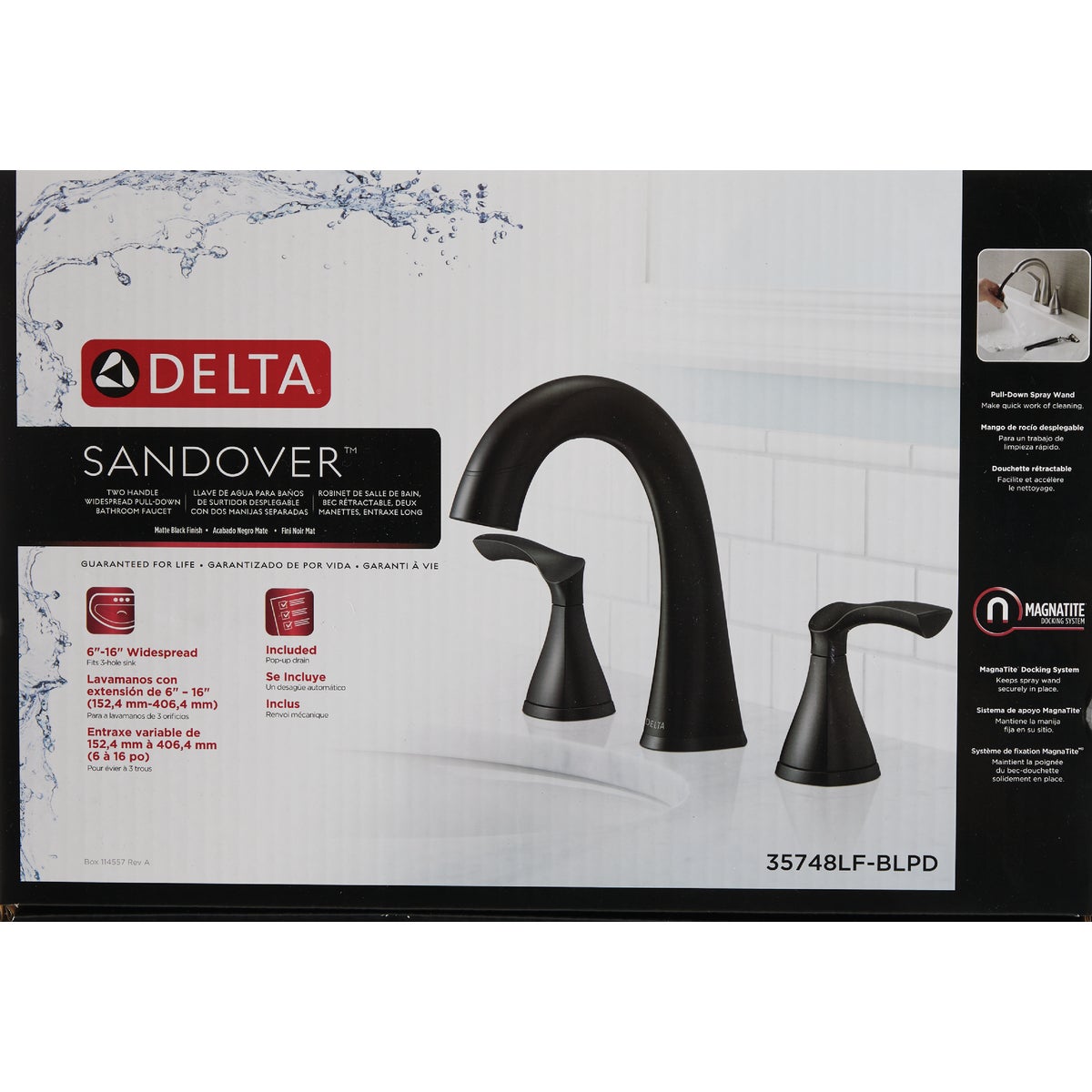 Delta Sandover Matte Black 2-Handle Widespread Pull-Down Bathroom Faucet Image 2
