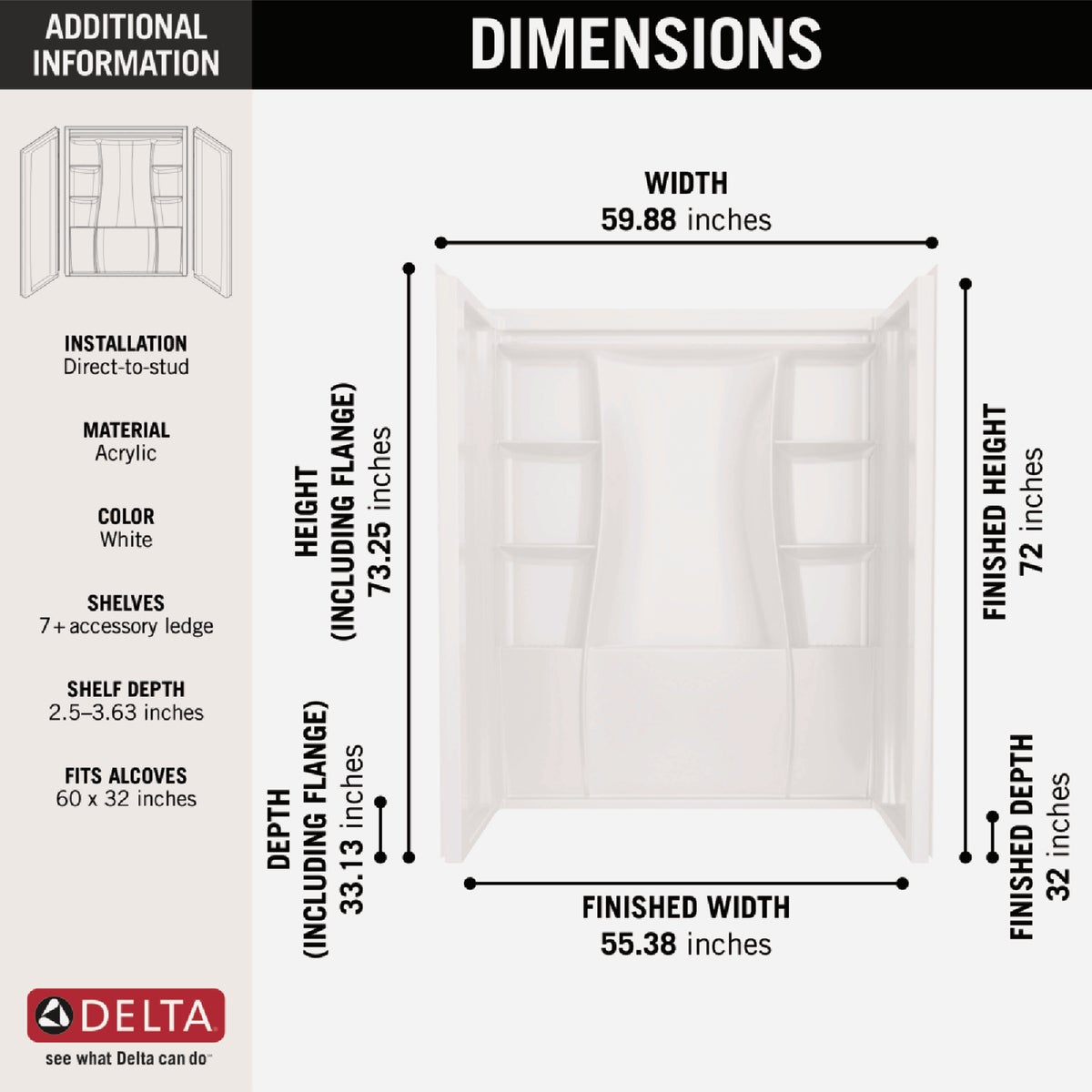 Delta Classic 500 60 In. x 73.25 In. x 32 In. Alcove Shower Wall, White (3-Piece) Image 3