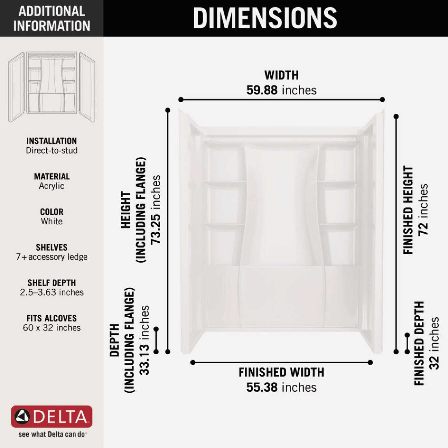 Delta Classic 500 60 In. x 73.25 In. x 32 In. Alcove Shower Wall, White (3-Piece) Image 3
