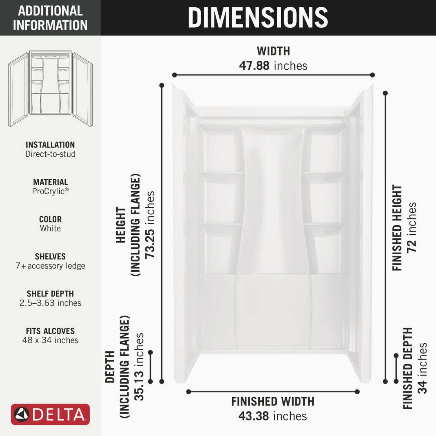 Delta Gloss White Classic 500 Shower Wall Set Image 3