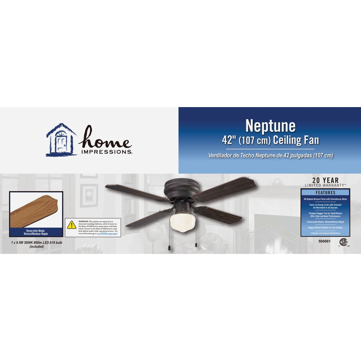 Home Impressions Neptune 42 In. Oil Rubbed Bronze Ceiling Fan with Light Kit Image 2