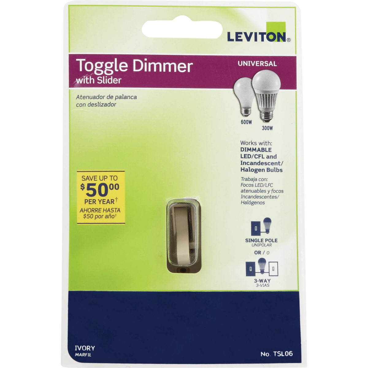 Leviton Incandescent/Halogen/LED/CFL Ivory Slide Dimmer Switch Image 2