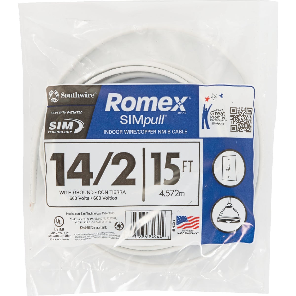 Romex 15 Ft. 14/2 Solid White NMW/G Electrical Wire Image 2