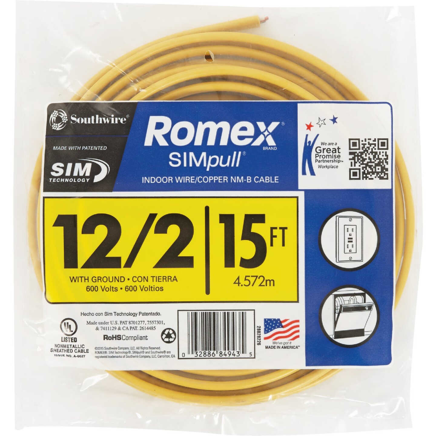 Romex 15 Ft. 12/2 Solid Yellow NMW/G Electrical Wire Image 2